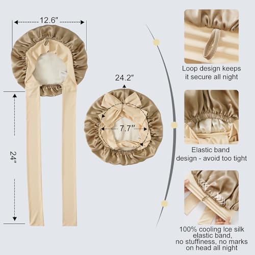 ZIMASILK 19 Momme 100% Mulberry Silk Bonnet for Sleeping Women Long Hair Double Layer Silk Hair Wrap with Tie Band Stay On Head for Hair Care (1Pc, Coffee)
