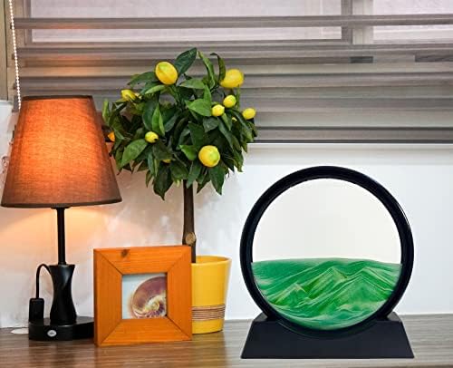 Moving Sand Art Liquid Motion - Moving Sand Art Picture Decor 3D Deep Sea Sandscape, Round Glass Frame Display Flowing Sand Relaxing Toy for Desktop Home Office Work Decoration(Green, 12")