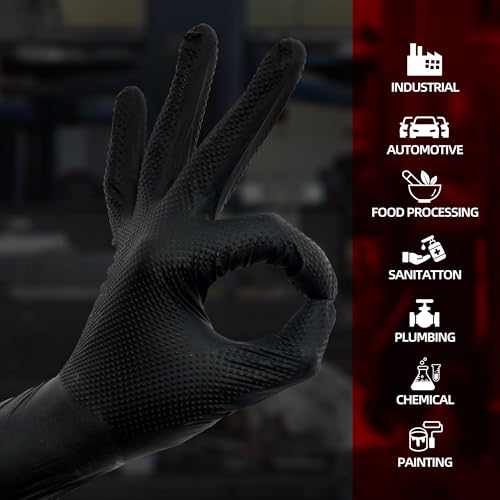 Jointown Basic Heavy Duty Nitrile Gloves, 8 Mil Black Mechanic Disposable Gloves Medium with Raised Diamond Texture, Latex Free, Powder Free Industrial Automotive Work Gloves Case of 1000