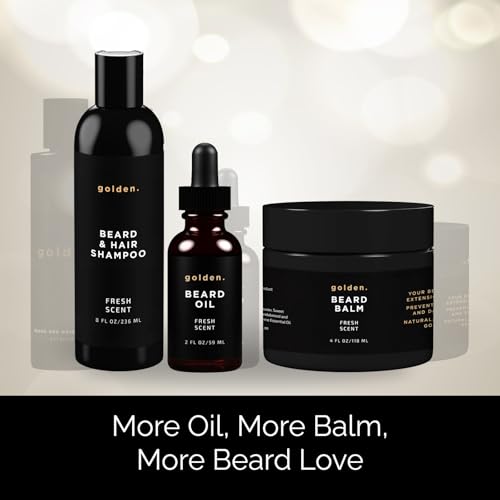 Golden Grooming Co. Beard Bundle – 2 oz Beard Oil, 4 oz Beard Balm, and 8 oz Beard and Hair Shampoo – All-Natural Beard Grooming Set for Nourishment, Styling, and Cleansing