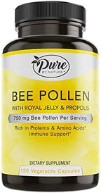 Pure By Nature Bee Pollen Supplement with Propolis & Royal Jelly for Immune Support, Antioxidant Properties, 120 Non-GMO Vegetarian Capsules