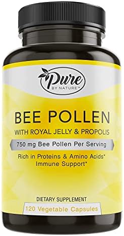 Pure By Nature Bee Pollen Supplement with Propolis & Royal Jelly for Immune Support, Antioxidant Properties, 120 Non-GMO Vegetarian Capsules