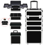 OUDMAY Makeup Train Case 4 in 1 Professional Cosmetics Rolling Organizer Aluminum Frame and Folding Trays