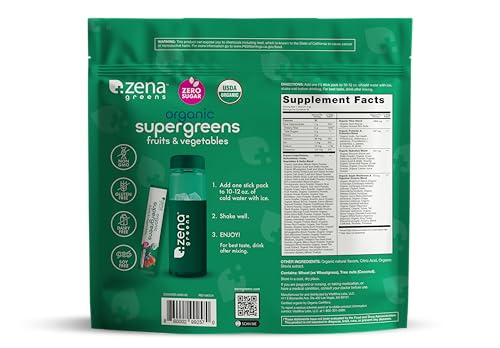 Zena Nutrition Organic Super Greens Powder, 70+ Superfoods, 0 Sugar, 5G Fiber, Spirulina, Chlorella, Antioxidants, Prebiotics/Probiotics, Digestive Enzymes, Mixed Berry, 45 Drink Mix Packets