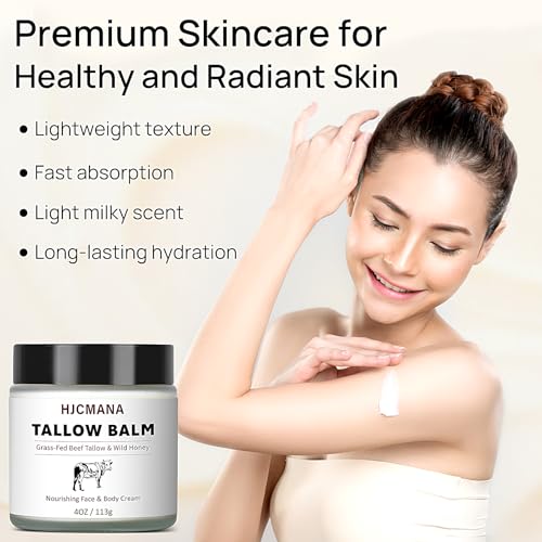 Beef Tallow for Skin 4 OZ, Natural Unscented Tallow and Honey Balm, Grass Fed Beef Tallow for Face and All Skin Types