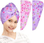 FIOBEE Microfiber Hair Towel Wrap for Kid Rapid Drying Towel Absorbent Hair Turbans for Wet Hair with Button Women Girls Long Curly Hair Pack of 2, Pink/Purple Butterfly