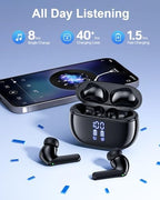 Wireless Earbuds, Bluetooth Ear Buds Headphones, 40H Long Playtime, Stereo Deep Bass, LED Power Display, IPX7, Lightweight in Ear Earphone with Mic for iPhone Android Phone
