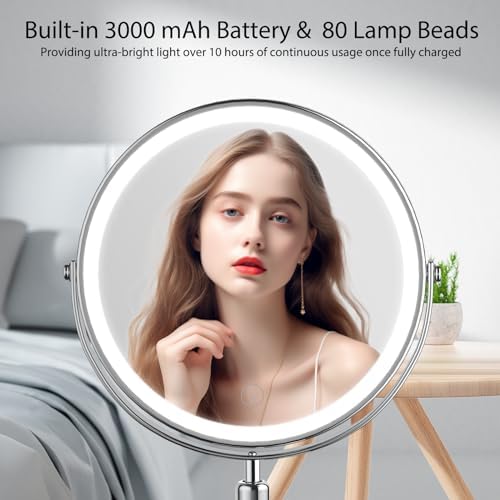 Makeup Mirror with Lights, Height & Brightness Adjustable Lighted Makeup Mirror with 10x Magnification, 8" Rechargeable Double Sided Vanity Mirror with 3 Colors Lights