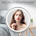Makeup Mirror with Lights, Height & Brightness Adjustable Lighted Makeup Mirror with 10x Magnification, 8" Rechargeable Double Sided Vanity Mirror with 3 Colors Lights