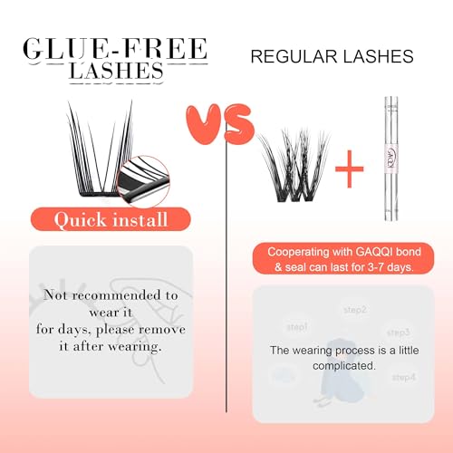 GAQQI Self Adhesive Eyelashes Lash Clusters, Press on Lashes 10-13mm Natural Manga Cluster Lashes, Reusable No Glue Lashes C Curl, NEW-TECH Thin Flakes Pre Glued Eyelashes Clusters (PG01)