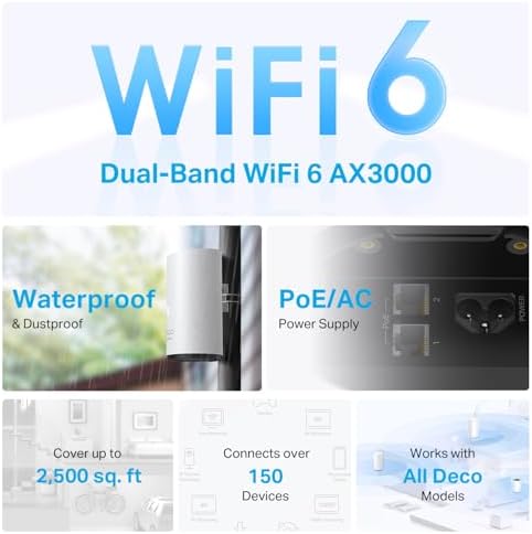 TP-Link Deco Outdoor Mesh WiFi (Deco X50-Outdoor), AX3000 Dual Band WiFi 6 Mesh, 2 Gigabit PoE Ports, 802.3at PoE+,Weatherproof, Works with All Deco Mesh WiFi, Pole/Wall/Tabletop Mount Options,1-Pack