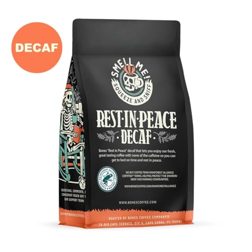 Bones Coffee Company Rest in Peace Flavored Coffee Beans, Whole Bean Coffee Medium Roast Low Acid, Decaffeinated (12 oz)