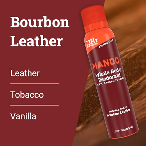 Mando Whole Body Deodorant For Men - Invisible Spray Deodorant - 72 Hour Odor Control - Low Irritation Formula - Aluminum Free, Benzene Free - 3.6 ounce Cans (Pack of 2) - Bourbon Leather
