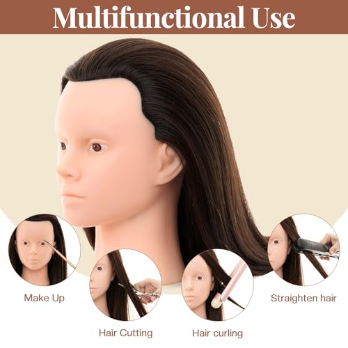 28Inch 60% Real Hair Makeup Mannequin Head, Cosmetology Mannequin Head with Hair for Makeup Braiding Curling Cuting,Makeup Doll Head for Hair Styling with Table Clamp Hair Styling Set(Dark Brown)