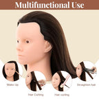 28Inch 60% Real Hair Makeup Mannequin Head, Cosmetology Mannequin Head with Hair for Makeup Braiding Curling Cuting,Makeup Doll Head for Hair Styling with Table Clamp Hair Styling Set(Dark Brown)