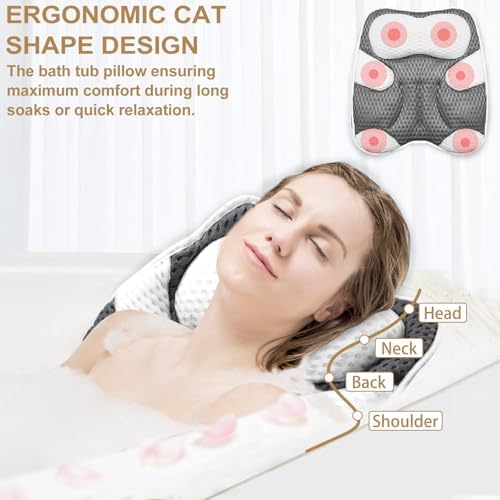 Ergonomic Cat Shape Bath Pillow for Head and Neck, SPA Gift for Women, Machine Washable Bathtub Pillow 4D Air-Mesh with 7 Suction Cups Gray