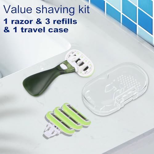 Mini Razors for Women Travel, Extra Smooth On The Go Razor, Portable 5-Blade Womens Razors for Shaving, Travel Essentials for Women, 1 Mini Razor, 3 Refills and 1 Travel Case, Avocado Green