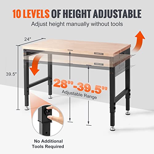 VEVOR Adjustable Workbench, 48" L X 24" W Garage Worktable with Universal Wheels, 28-39.5" Heights & 2000 LBS Load Capacity, with Power Outlets & Hardwood Top & Storage & Foot Pads, for Office Home