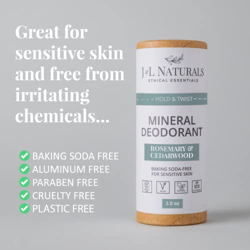 J&L Naturals Mineral Deodorant | Baking Soda-Free, 100% Natural, Sustainable | Sensitive Deodorant For Women & Men | Aluminum Free, Vegan, Cruelty-Free (Rosemary & Cedarwood, 3 Oz (Pack of 1))