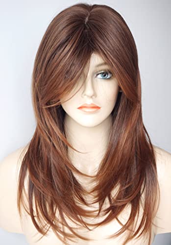 Long Layered Shoulder Length wig cowboy copper hair Brown Ombre Synthetic Hair Fiber Highlight Multicolor Wigs for White Women (3324)
