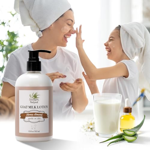 Southern Natural Goat Milk Lotion (12 oz) Face and Body Moisturizer For Dry Skin - Moisturizing Skincare and Hand Cream - Honey Almond Scent