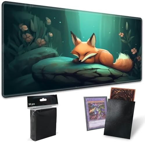 Playmats for Magic: The Gathering MTG Card Game Mat Plus 50 Pcs Card Sleeves, 24 x 14 inch TCG Mat with Stitched Edge for Commander Deck Duskmourn Board Game, Sleeping Fox