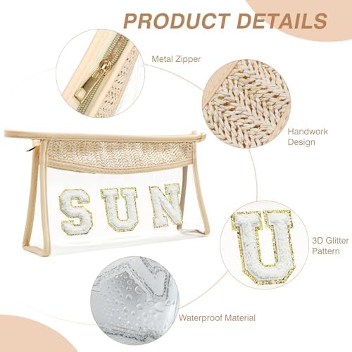 Boho Hand-woven Makeup Bag, Chenille Letter Patch Clear Travel Pouch, Rattan Straw Bag Clear Cosmetic Sunscreen Bags, Women Summer Retro Travel Beach Bag Beach Essentials (Boho_Beige-Sun)