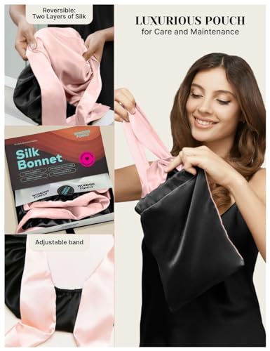 100% Mulberry Silk Bonnet for Sleeping Women with Curly Hair - Short Long Hair Bonnet for Sleeping - Alternative to Double Layer Satin Bonnet with Tie Band - Premium Hair Wrap for Sleep Black