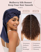 AWAYTR 100% Mulberry Silk Bonnet - Long Hair Cap for Sleeping Tie Band Bonnet for Braids Curly Hair