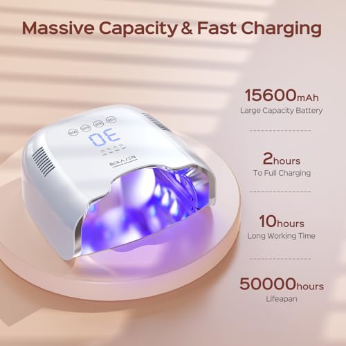 BOLASEN Cordless Rechargeable UV Nail Lamp - UV Light for Gel Nails with Metallic Reflector & Metal Base, 54W Portable Wireless LED Nail Dryer, Professional Fast Charger Curing Lamp for Salon or Home
