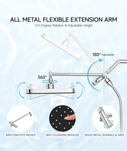 High Pressure Rain Shower Head with Handheld Spray Combo Set, Adjustable 12" Rainfall Dual Shower Head, Double&Tandem Shower Head, Waterfall Showerhead Bathroom -Silver Chrome