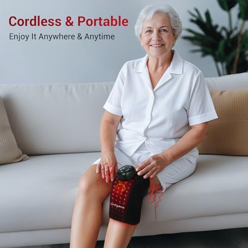 Comfytemp 3D Red Light Therapy Knee Wrap with Vibration Massage, Cordless 5000mAh Heated Knee Massager for Pain Relief, Portable Ergonomic 660nm&850nm Near Infrared Light Brace for Knee Joint