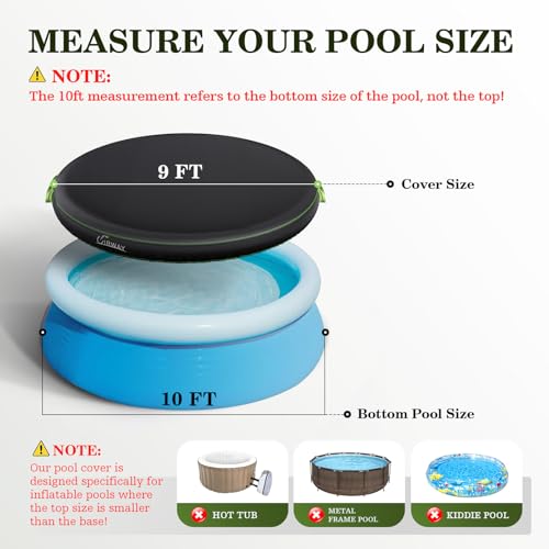 UIRWAY 10FT Round Pool Cover, Inflatable Pool Covers for Above Ground Pools with Elastic Cord - Snug Fit & Easy Set, Outdoor Swimming Pool Cover with 2 Reflective Strip Handles, Black