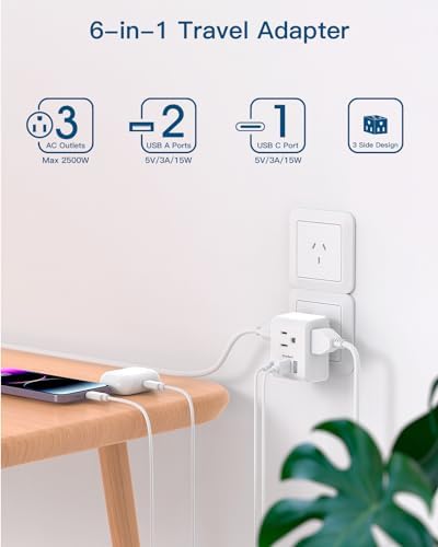 2 Pack Australia New Zealand Power Plug Adapter, Australia Travel Adapter with 3 American Outlets 3 USB Charging Ports (1 USB C), Type I Plug Adapter for US to Australia, Argentina, China
