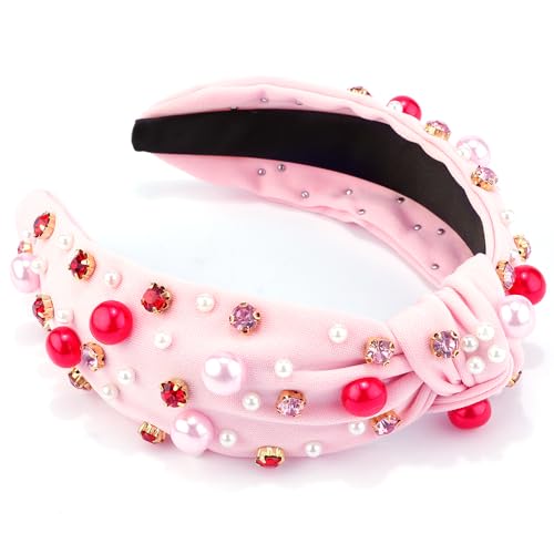 AHONEY Pink Headband Hair Accessories for Women Girls Knotted Headband Pearl Crystal Knotted Jeweled Wide Top Knot Headband Valentine’s Day Gifts (Pink)