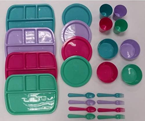 24 pc Kids Dinner Set by Mainstays, BPA free, Microwave/dishwasher safe, toddler snack/meals, mixed colors