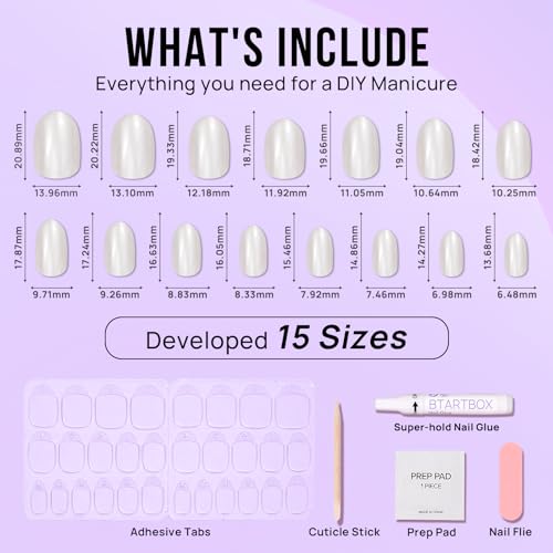 BTArtbox Press On Nails Short - Pearl White Oval Round Press on Nails for Women, Natural Stick on Nails with Glue, Glossy Glue On Nails in 15 Sizes - 30 Nail Kit, A Hidden Gem