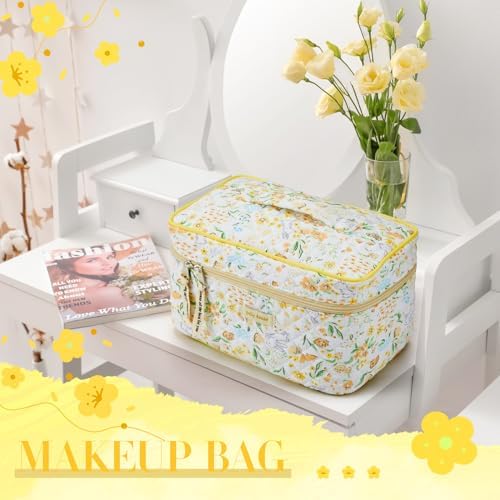 Zeyune 2 Pcs Cotton Quilted Makeup Bag for Women, Large Travel Coquette Cosmetic Bag, Aesthetic Cute Floral Toiletry Skincare Organizer(Yellow Flower)