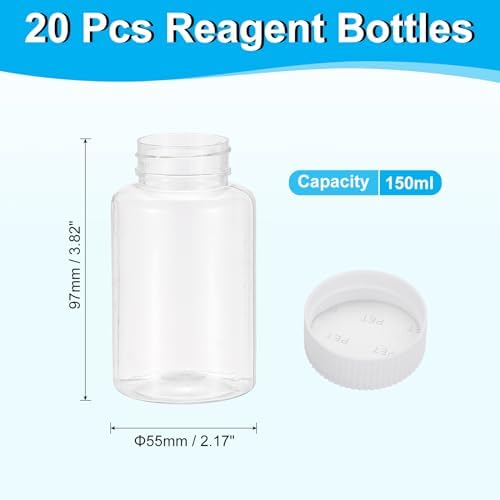 PATIKIL 20 Pcs 150ml Reagent Bottles, PET Wide Mouth Round Bottles with Screw Cap for Lab Water Reagent Liquids Solid Sample Storage Seal, Transparent