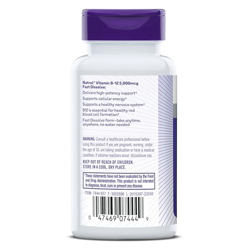 Natrol B12 Vitamins 5000 mcg, Fast Dissolve Vitamin B12 Supplement Supports a Healthy Nervous System and Energy Metabolism, 200 Tablets, Up to a 200 Day Supply