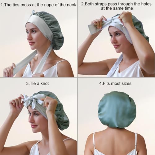 ZIMASILK 100% Mulberry Silk Bonnet for Sleeping Women Long Hair Double Layer Silk Hair Wrap with Silk Tie Band Natural Silk Cap for Hair Care Stay on Head (1Pc, Grayishgreen + Lightgrey)