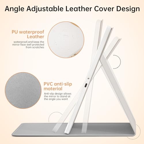 FUNTOUCH 2500mAh Large Rechargeable Travel Makeup Mirror with Light, Portable Makeup Mirror with 10X Magnifying Mirror, 3 Lighting Modes, Tabletop Folding Travel Mirror with PU Leather Cover (White)