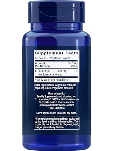 Life Extension L-Glutamine,500 mg L-glutamine,Amino Acid,Supports Muscle Health and Immune Health,Gluten-Free,Non-GMO,100 Vegetarian Capsules,(Pack of 2)