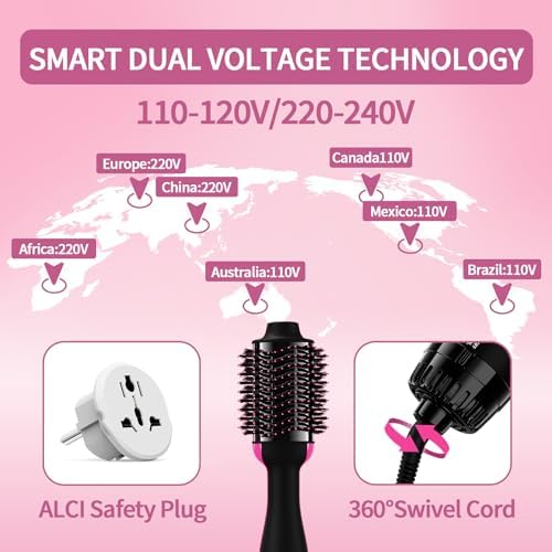 Dual Voltage Hair Dryer Brush with Negative Ion Anti-frizz Styler - Hot Air Volumizer for 110V-120V/220V-240V European and Travel Use