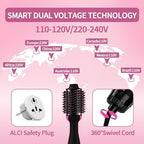 Dual Voltage Hair Dryer Brush with Negative Ion Anti-frizz Styler - Hot Air Volumizer for 110V-120V/220V-240V European and Travel Use