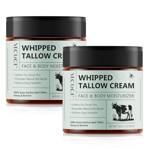 2 Pack Beef Tallow for Skin, Tallow and Honey Balm, All Natural Moisturizer Hydrates and Nourishes The Skin, Deeply Moisturizing for Face & Body, Organic Grass Fed Whipped Beef Tallow & Honey Beeswax
