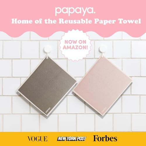 Papaya Reusable Paper Towels 4-Pack - 4 Sheets + 2 Hooks, Quick Drying, No Odor, 1 Sheet Replaces 17 Rolls, Washable Kitchen Cloth, Sustainable Dish Sponge, Eco Friendly Gift (Oat Milk Latte)