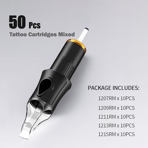 50 12RM Mixed Tattoo Cartridge Needles - 10Pcs each of 7RM, 9RM, 11RM, 13RM, 15RM,Sturdy and Durable Design Sharp Tips, Sterilized and Individually Packaged Compatible with Tattoo Pens