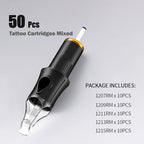 50 12RM Mixed Tattoo Cartridge Needles - 10Pcs each of 7RM, 9RM, 11RM, 13RM, 15RM,Sturdy and Durable Design Sharp Tips, Sterilized and Individually Packaged Compatible with Tattoo Pens