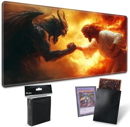 Playmats for Magic: The Gathering MTG Card Game Mat Plus 50 Pcs Card Sleeves, 24 x 14 inch TCG Mat with Stitched Edge for Commander Deck Duskmourn Board Game, Jesus Christ Fight The Devil